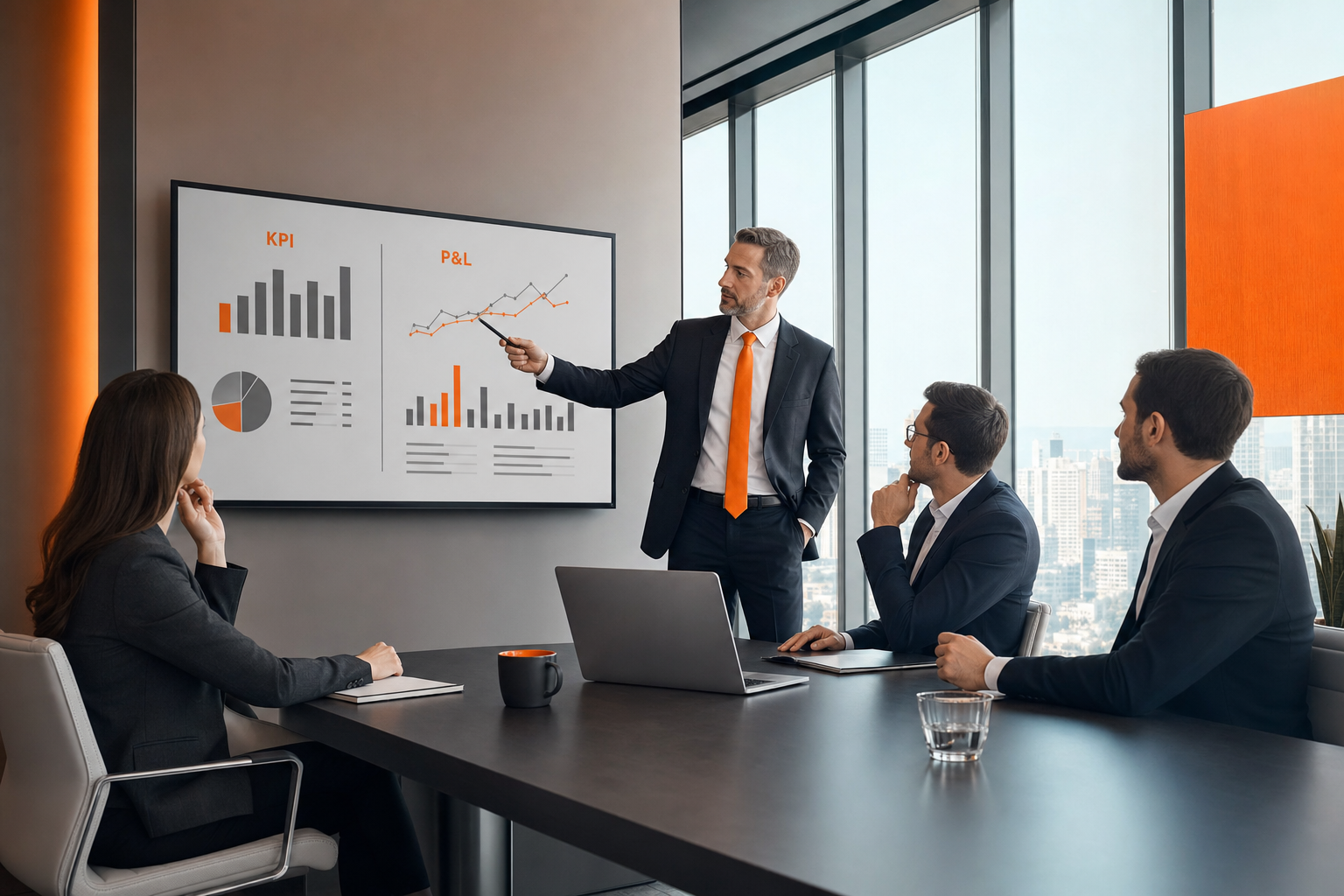 Директор дивизиона в переговорной с командой и KPI на ноутбуке