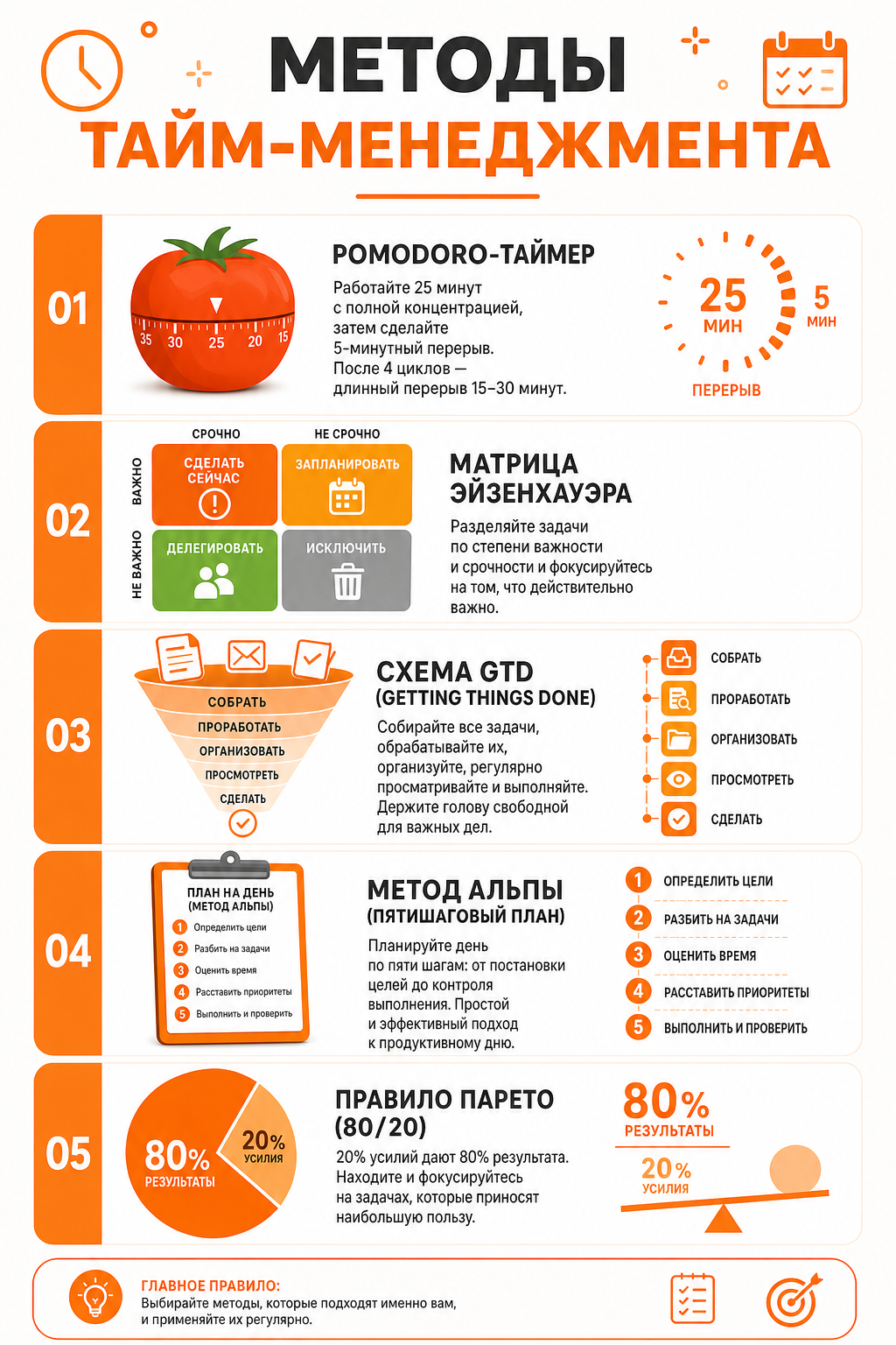 Инфографика методов тайм-менеджмента: Pomodoro, матрица Эйзенхауэра, GTD, метод Альпы, правило Парето — сравнительная схема