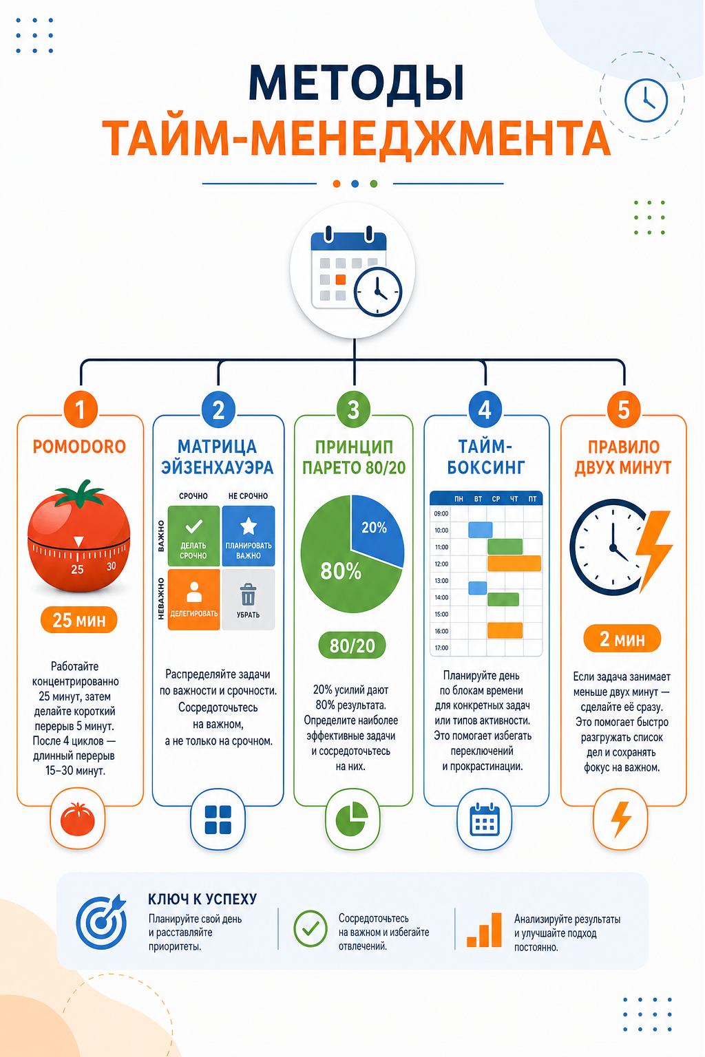 Инфографика-схема методов тайм-менеджмента: Pomodoro, матрица Эйзенхауэра, принцип Парето 80/20, тайм-боксинг, правило двух минут с краткими пояснениями