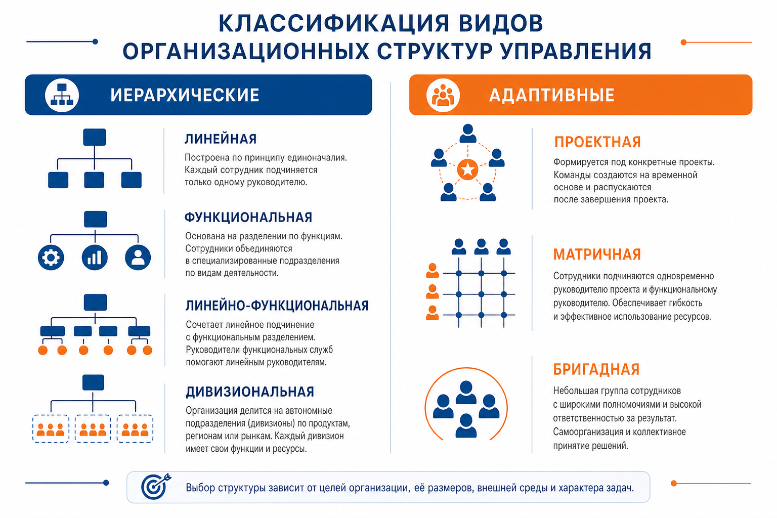Инфографика классификации видов организационных структур: иерархические и адаптивные с пиктограммами