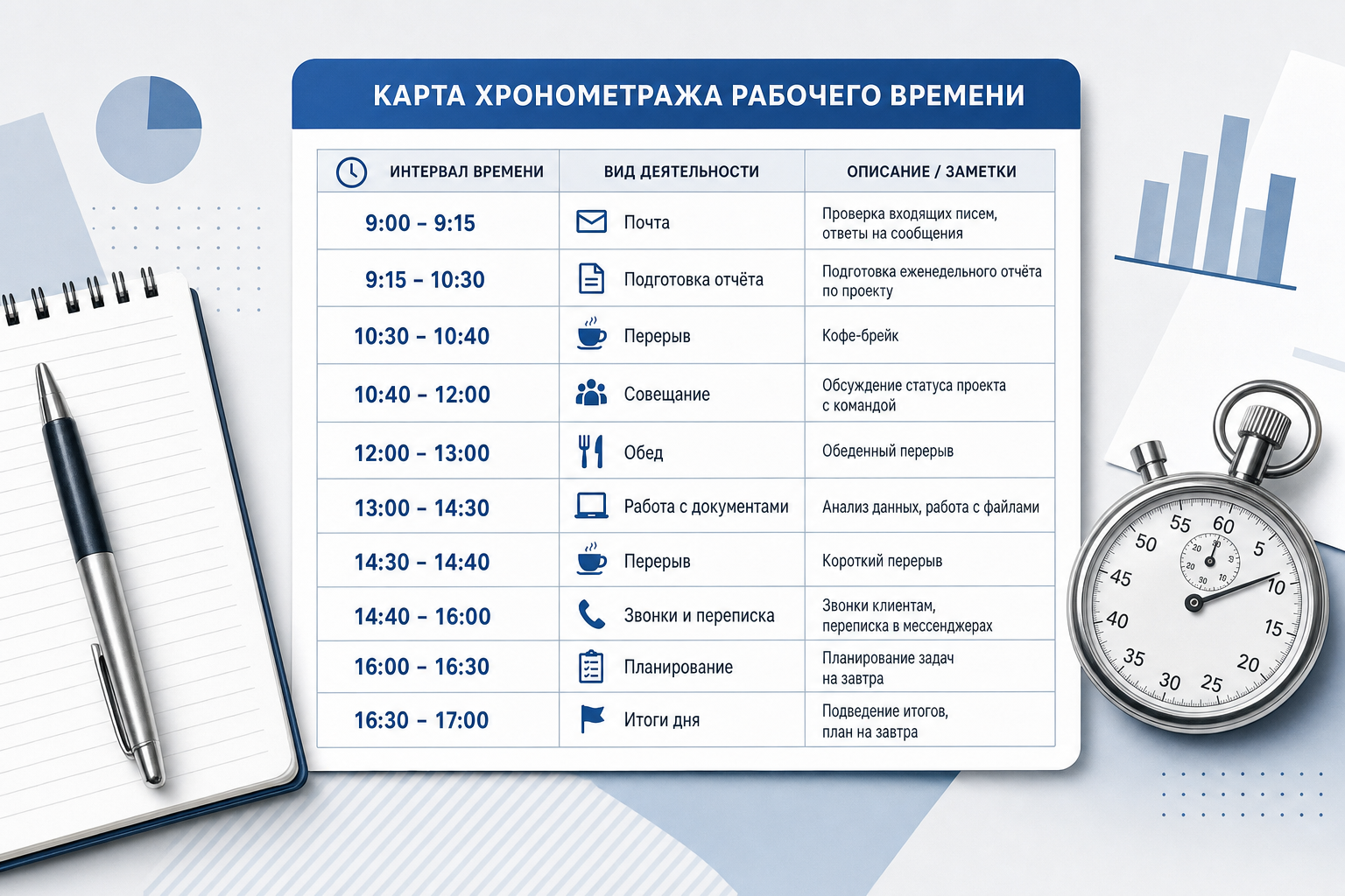 Пример заполненной хронометражной карты рабочего дня офисного сотрудника