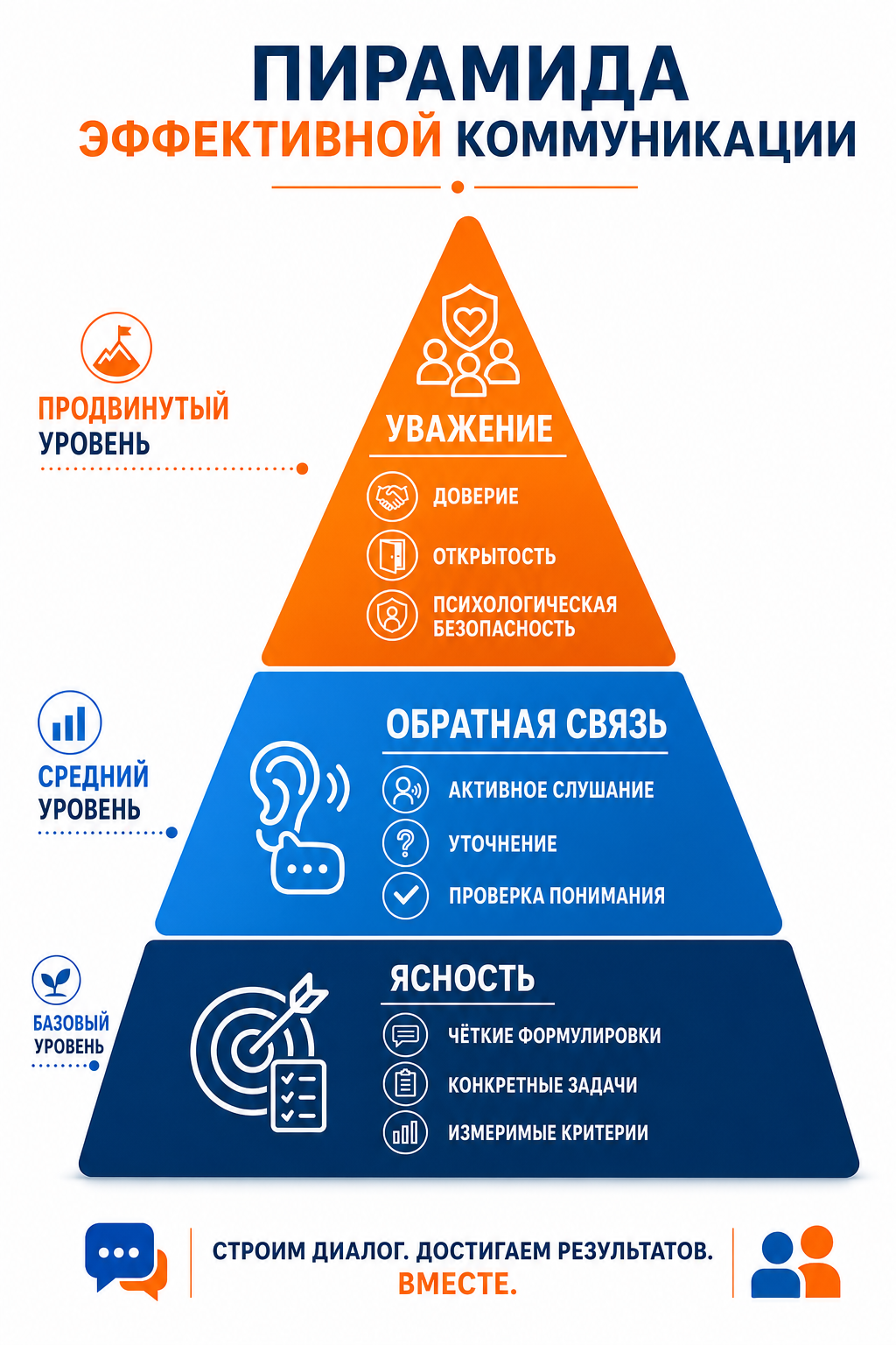Пирамида эффективной коммуникации: три уровня — ясность, обратная связь, уважение, от базового к продвинутому