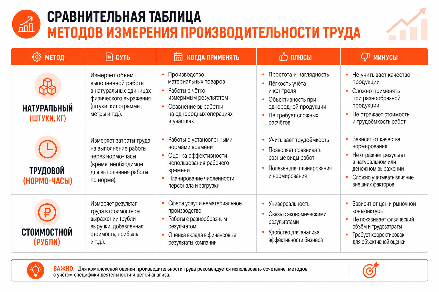 Сравнительная таблица трёх методов измерения производительности труда: натурального, трудового и стоимостного